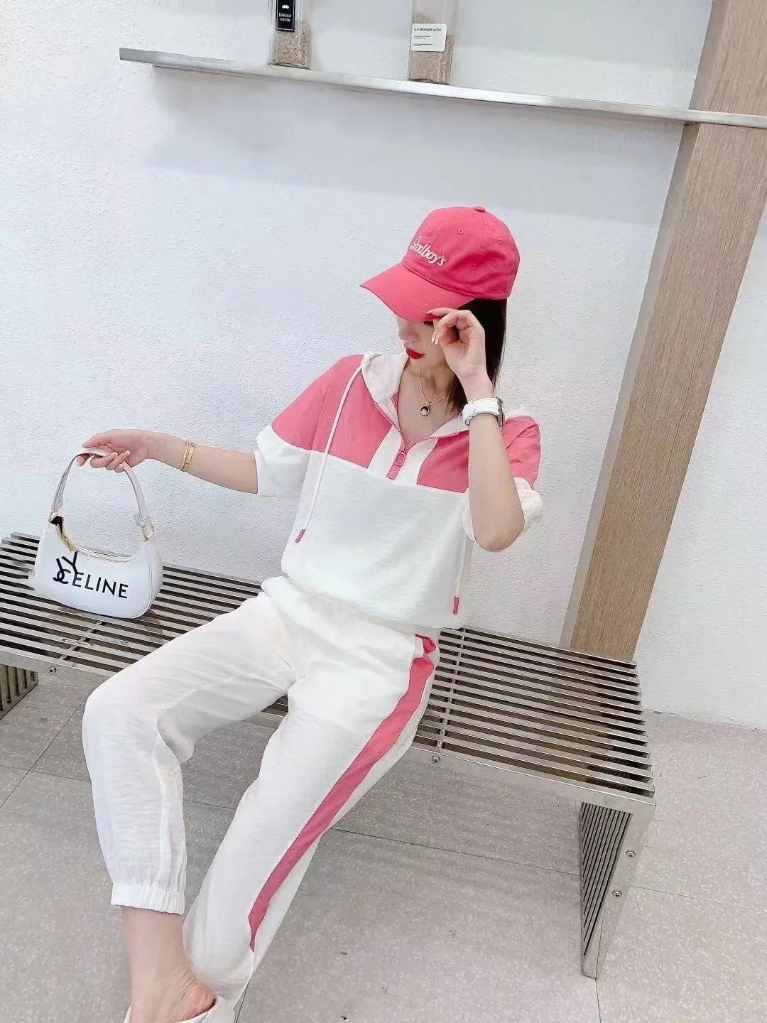 Women's Casual Loose Fit Tracksuit Set with Short Sleeve Hooded Top and High Waist Pants