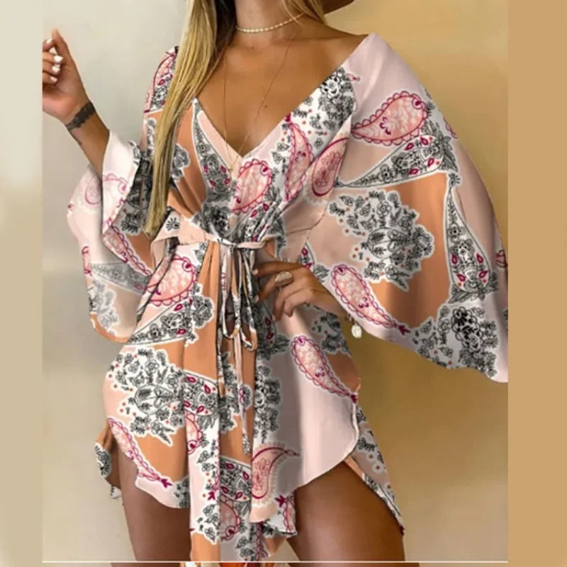 Printed Beach Resort Dress V Neck Bat Wing Sleeve Lace Up