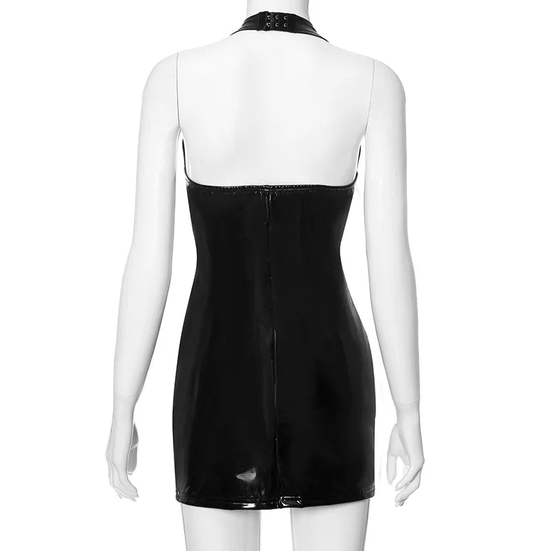 Halter Neck PU Mirror Dress Waist Slimming Nightclub Dress