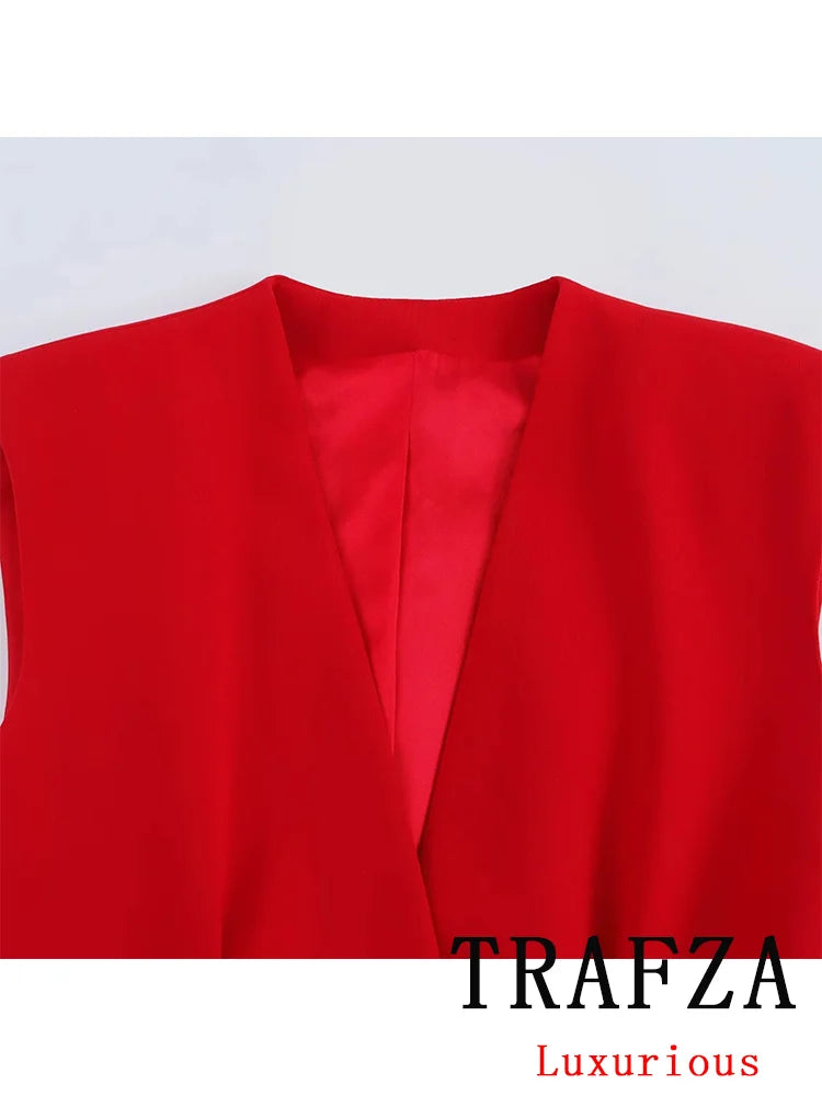 Red Vest Blazer Set For Office Lady With Wide Leg Pants