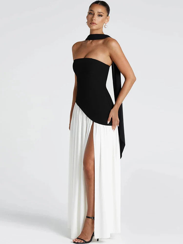 Backless Patchwork Dress Strapless Summer Draped Slit