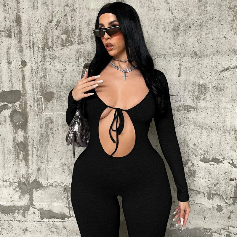 Solid V Neck Long Sleeve Hollow Out Lace Up Sexy Bodycon Jumpsuit Women's Fashion Streetwear Sporty Romper Overalls for Fall