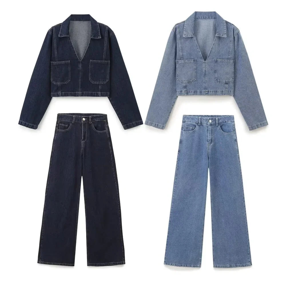 Autumn Women's Fashion Casual Denim Shirt with Collar and Long Sleeves Paired with High Waist Wide Leg Jeans Set