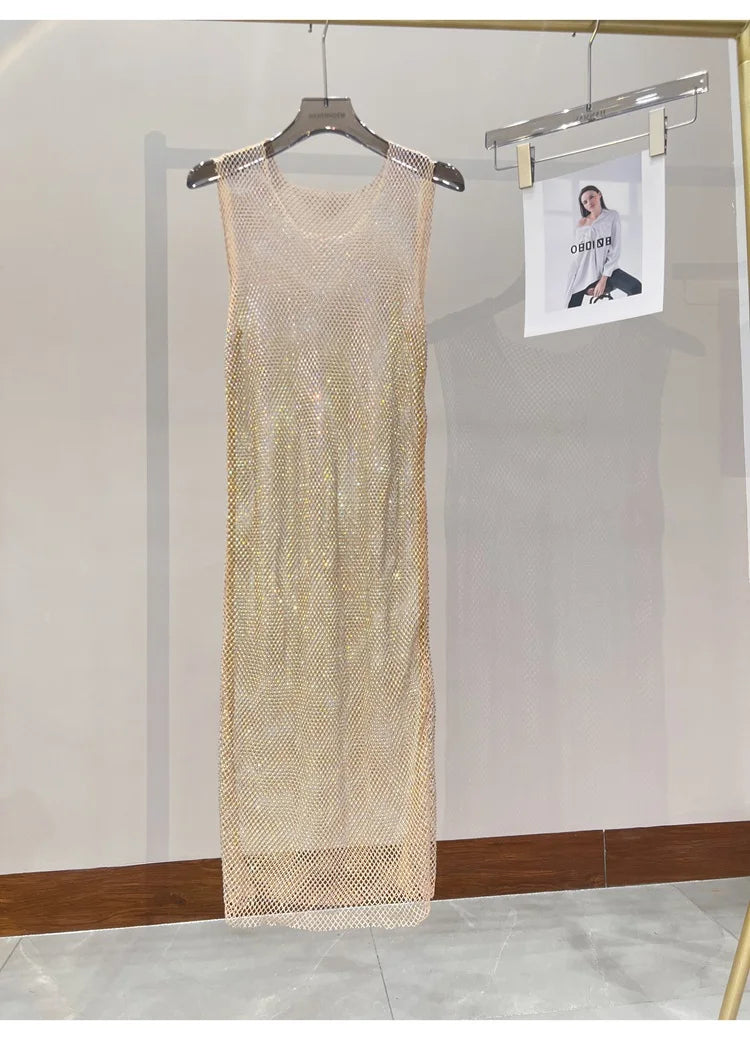 Rhinestone Mesh Midi Dress for Sexy Party and Clubwear