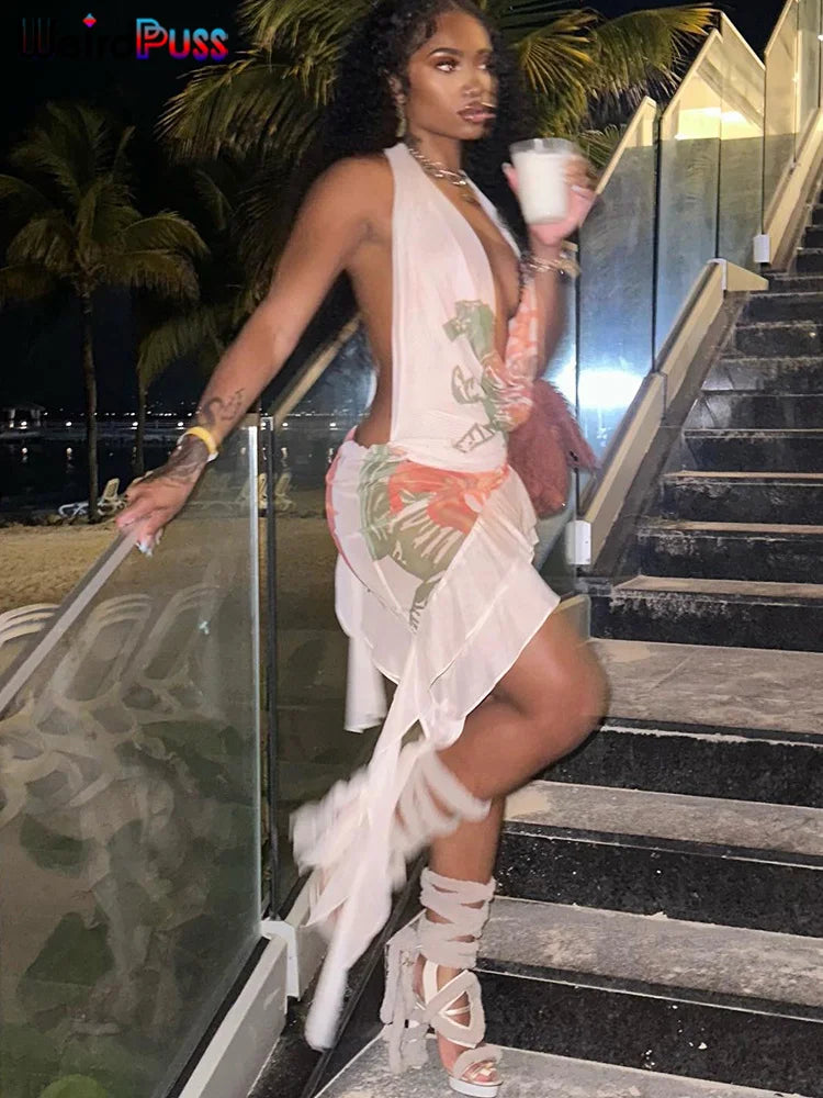 Backless Halter Bodycon Dress With Deep V Neck Y2K Clubwear