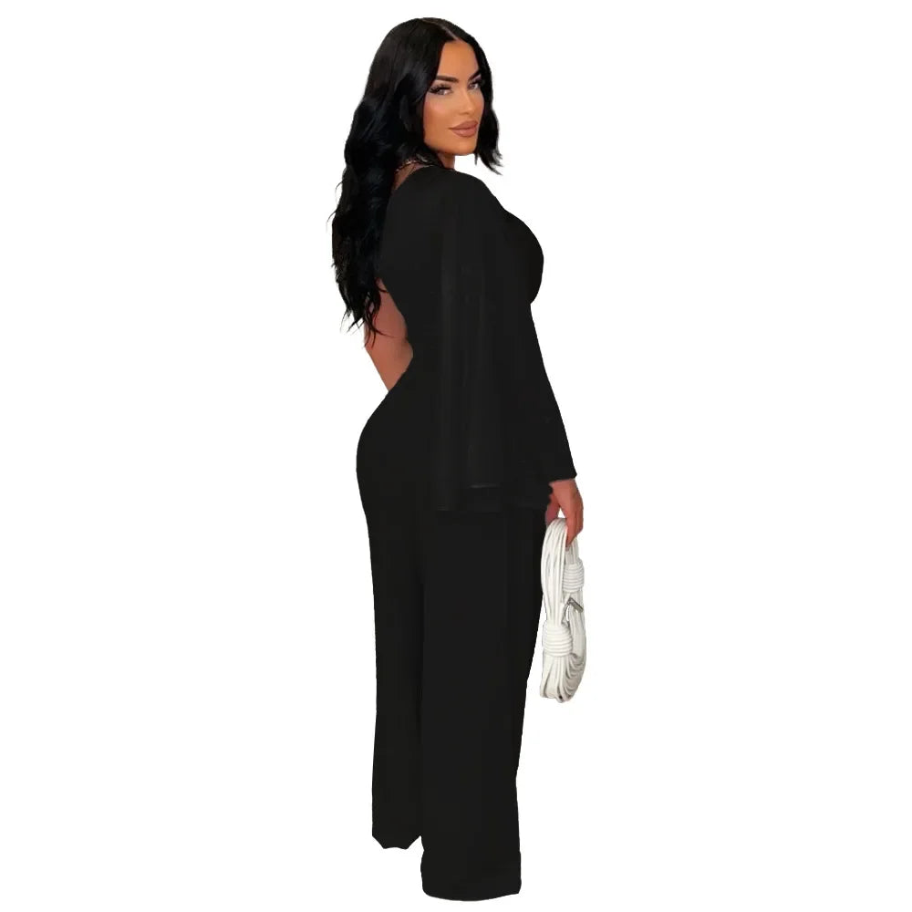 Women's Ruched One Shoulder Sleeve Crop Top and Wide Leg Pants Two Piece Set Outfit