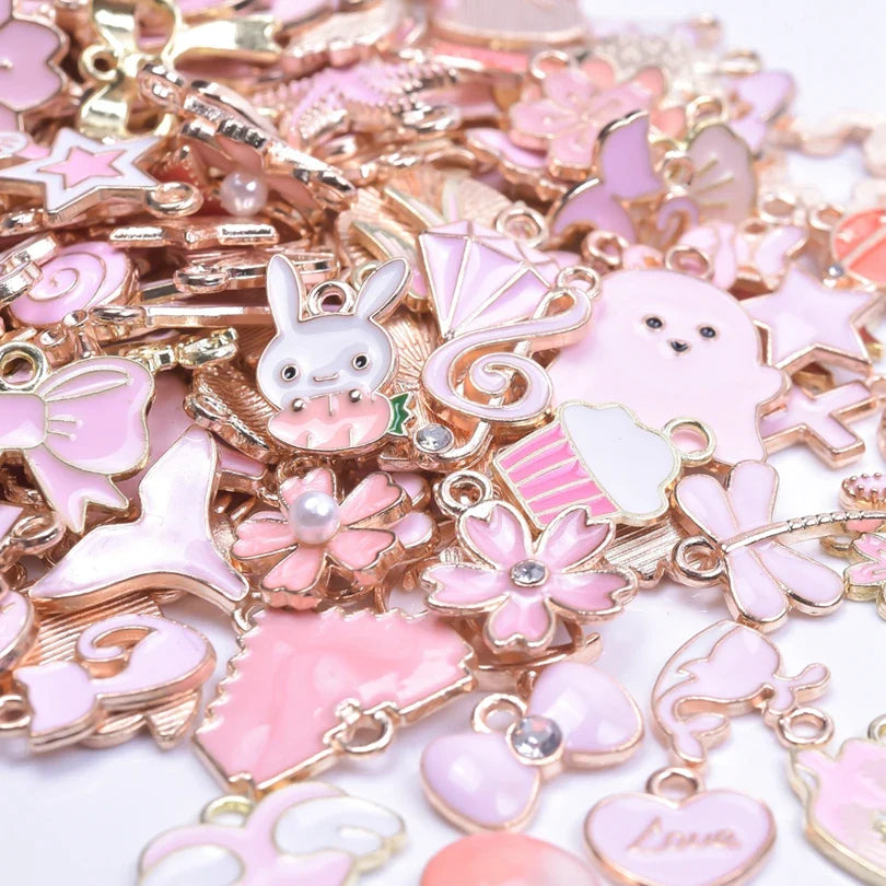 50 Pieces Mixed Style Pink Drip Oil Charms Animal Heart Flower Moon Pendants for DIY Jewelry Making