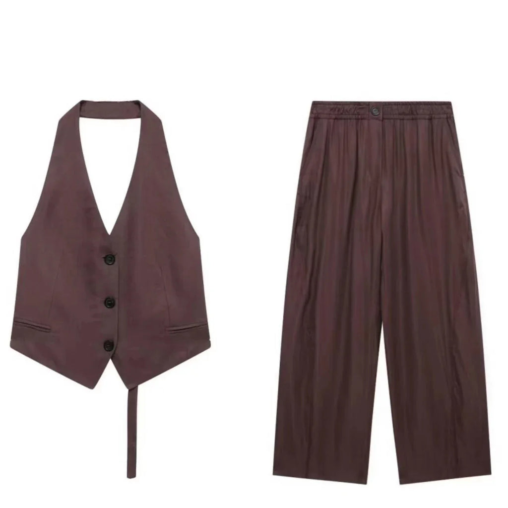 Vintage Chic Women's Suit Set with Solid Halter Vest and Straight Button Loose Pants for Office and Casual Wear