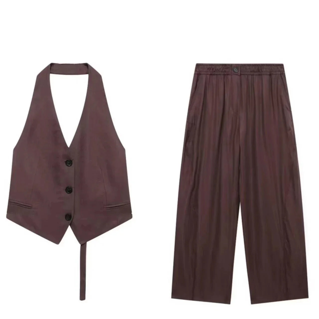 Vintage Chic Women's Suit Set with Solid Halter Vest and Straight Button Loose Pants for Office and Casual Wear