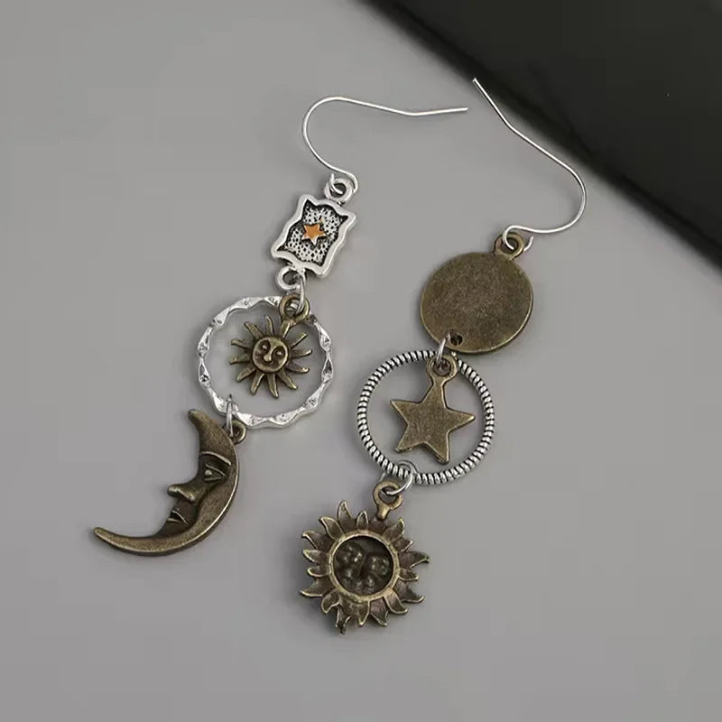 Creative Retro Asymmetrical Star and Moon Pendant Earrings for Women