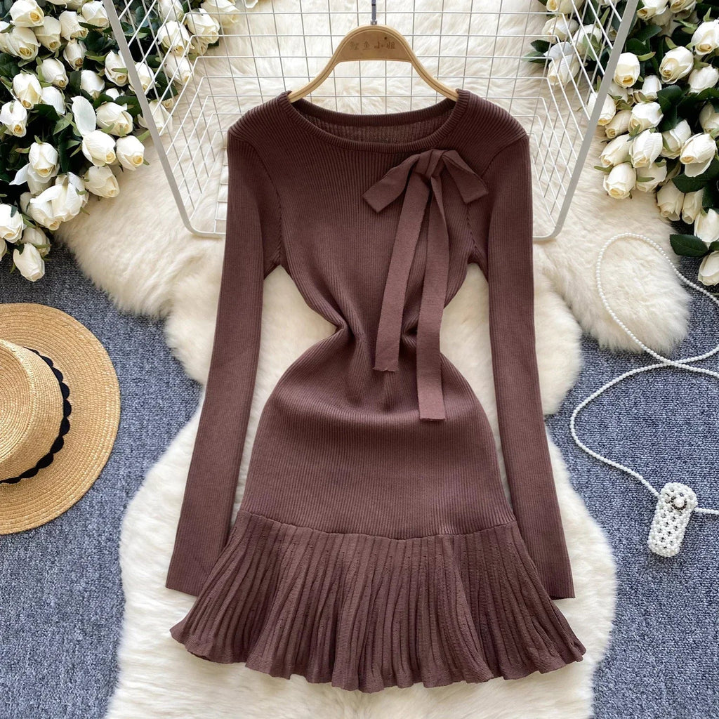 Knitted Short Dress With O Neck Bow Bodycon Chic Style