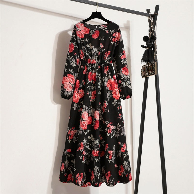 Bohemian Floral Maxi Dress High Waist Chiffon Long Sleeves