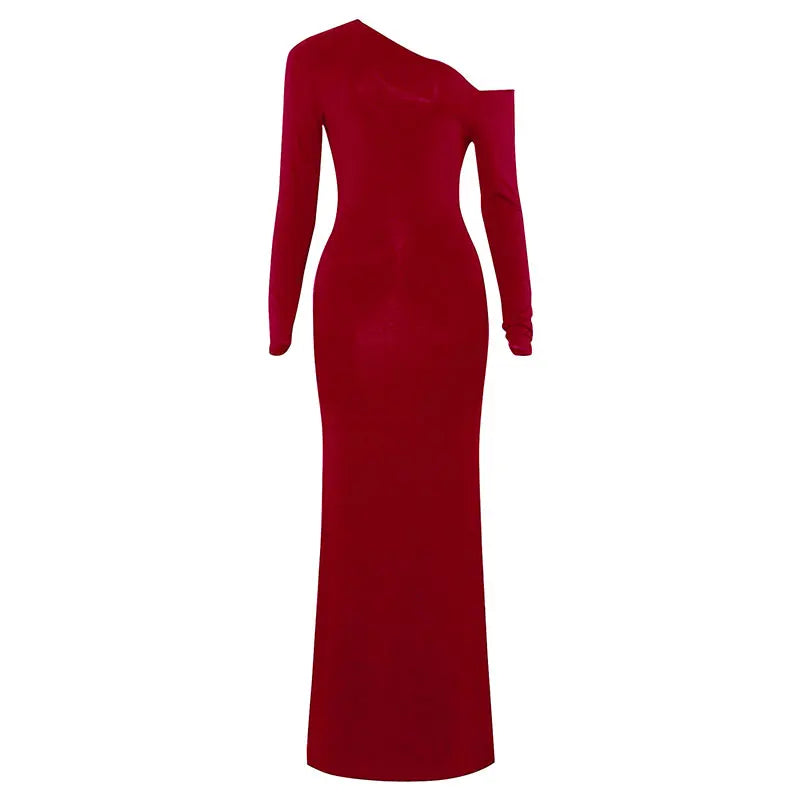 One Shoulder Red Dress Knit For Women Autumn Winter Fashion