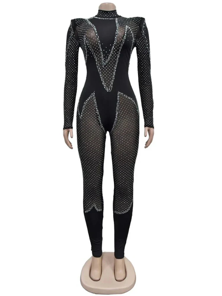 Sexy Black Mesh Patchwork Crystal Jumpsuit for Women Rhinestone Embellished Glamorous Clubwear Romper Birthday Party Outfit