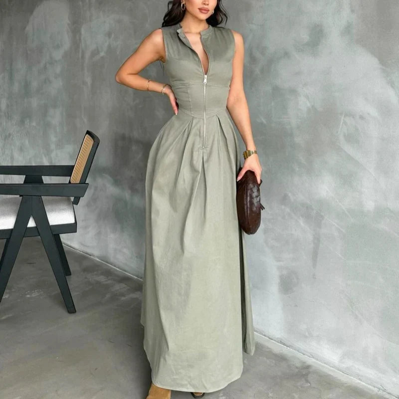 Elegant Sleeveless Pleated Long Dress For Women Office