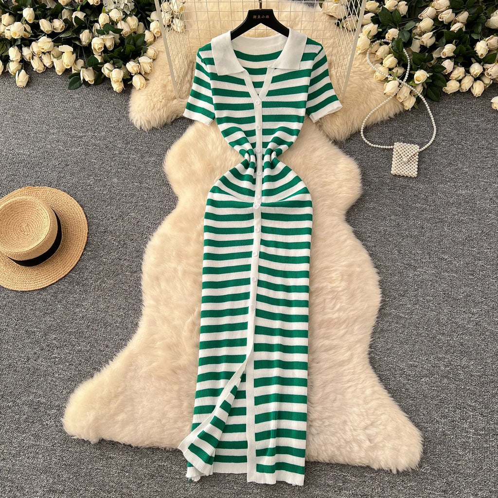Women Striped Knitted Bodycon Maxi Dress for Summer