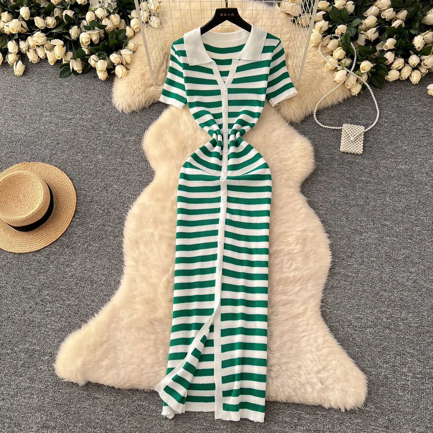 Women Striped Knitted Bodycon Maxi Dress for Summer