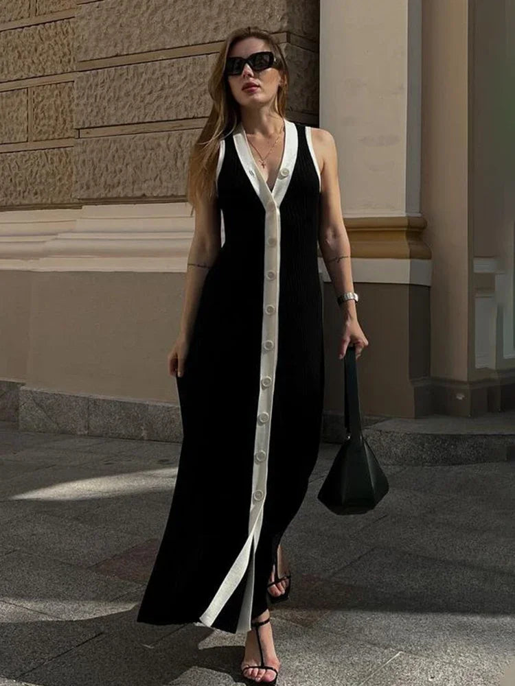 Sleeveless Ribbed Knit Dress V Neck Bodycon Long Dress