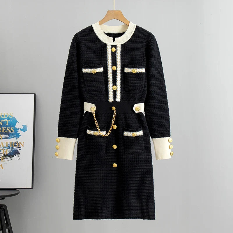 Elegant O Neck Knitted Dress for Women Autumn Slimming