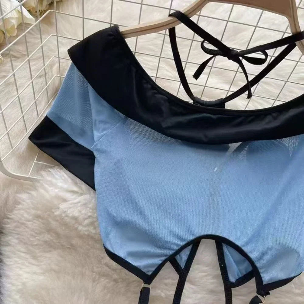 Women Preppy Sexy Uniform Set Sheer V Neck Top Lace Up Mini Skirt Hollow Out Thong Lingerie Cosplay Costume