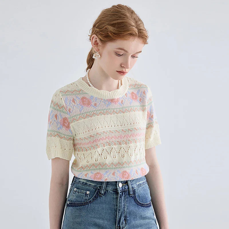 Women Striped Printed Casual T-Shirt with Hollow Out Short Sleeves and O-Neck Design