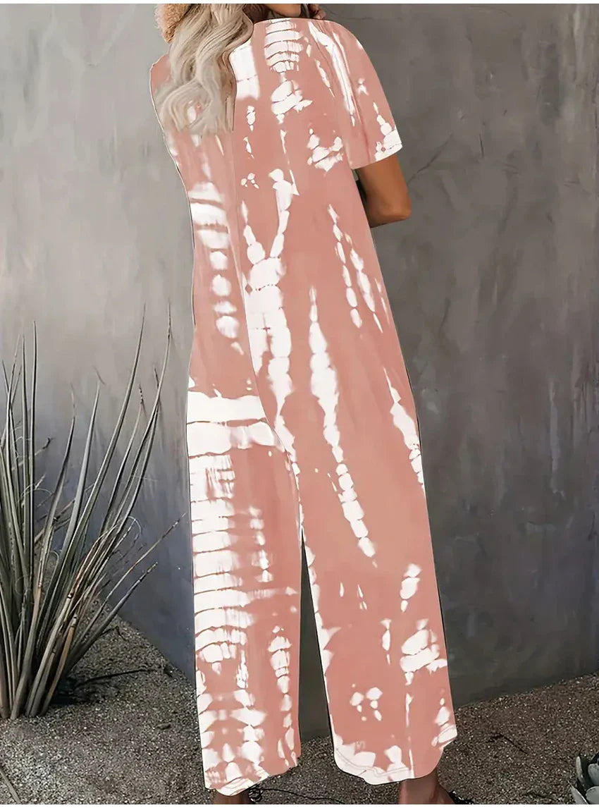 Plus Size Women Summer Jumpsuit Allover Print Wide Leg Short Sleeve Round Neck Relaxed Fit with Pockets Comfortable Casual Outfit