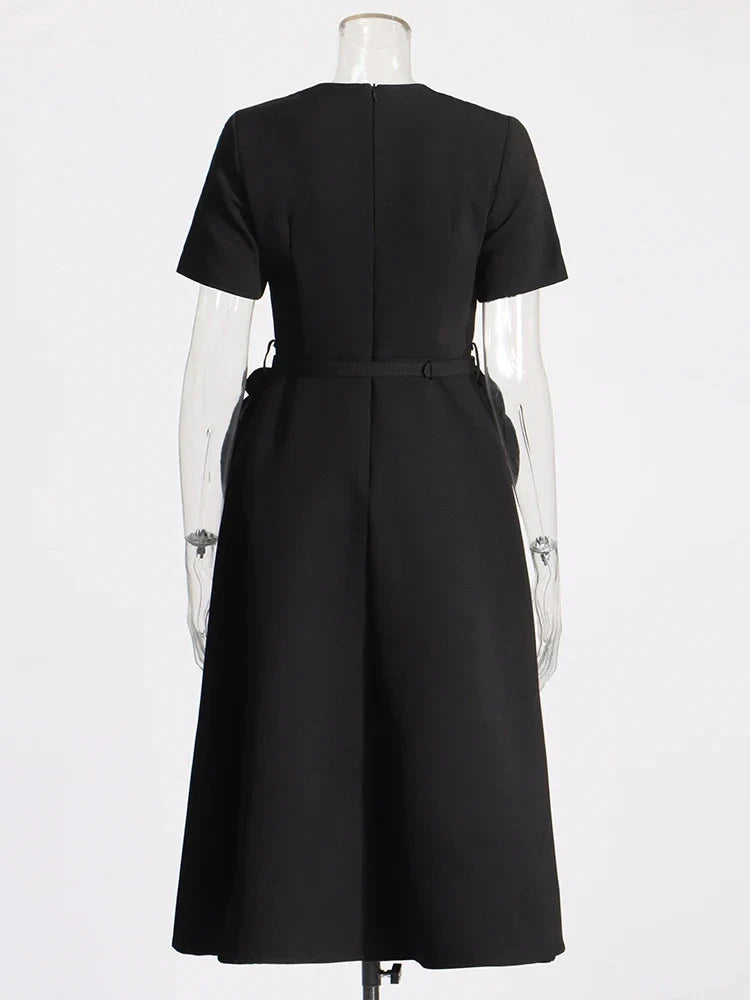 Hollow Out Patchwork Dress For Women V Neck Long Belted