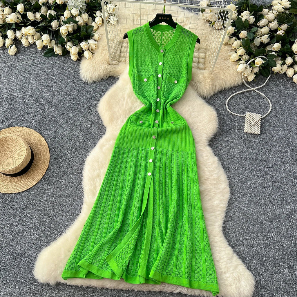 Slim Knitted Black Maxi Dress For Women Sleeveless Bodycon