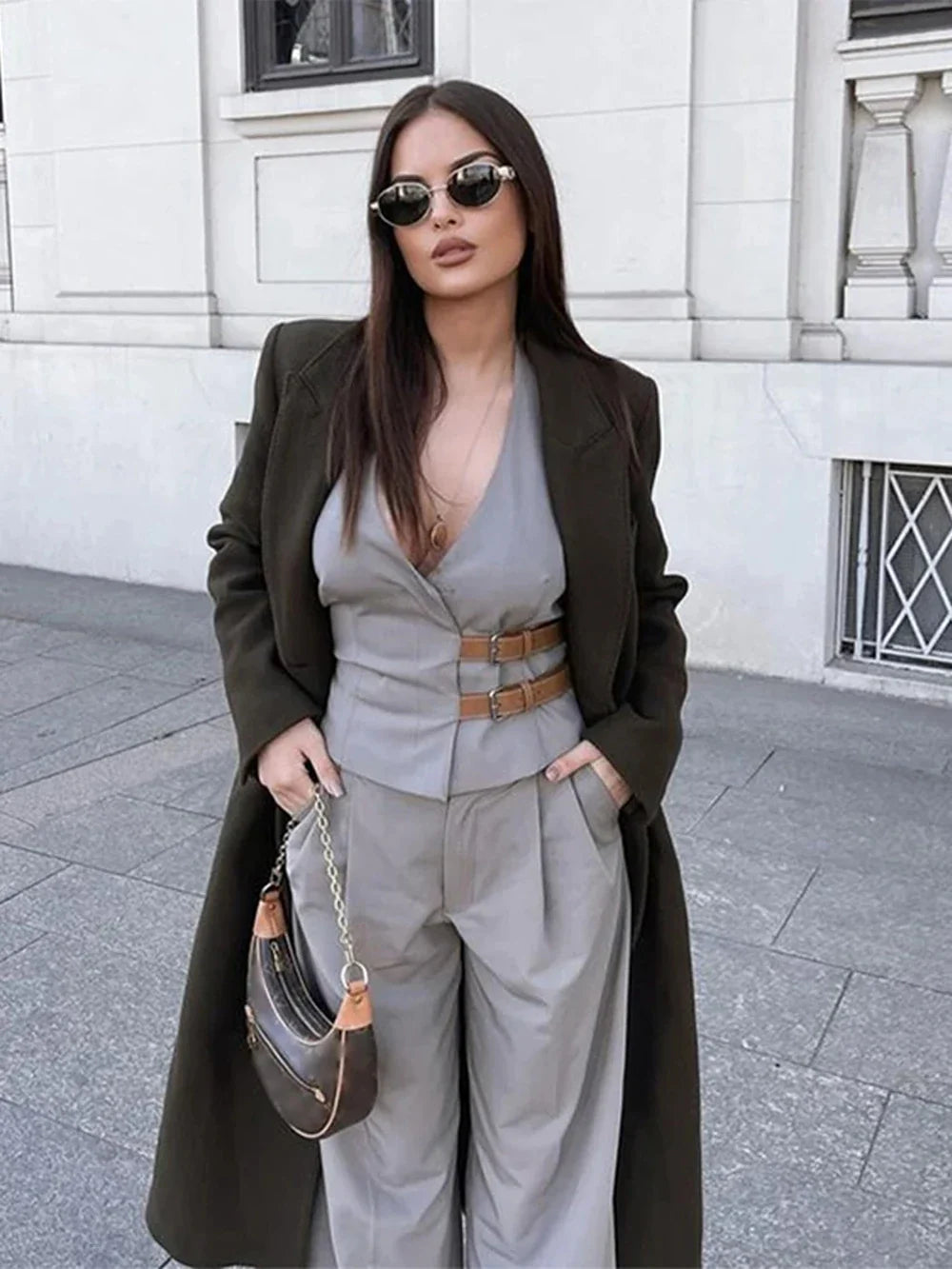 Women's Two-Piece Suit Set with Belt Halter V-Neck Top and High-Waisted Pleated Pants