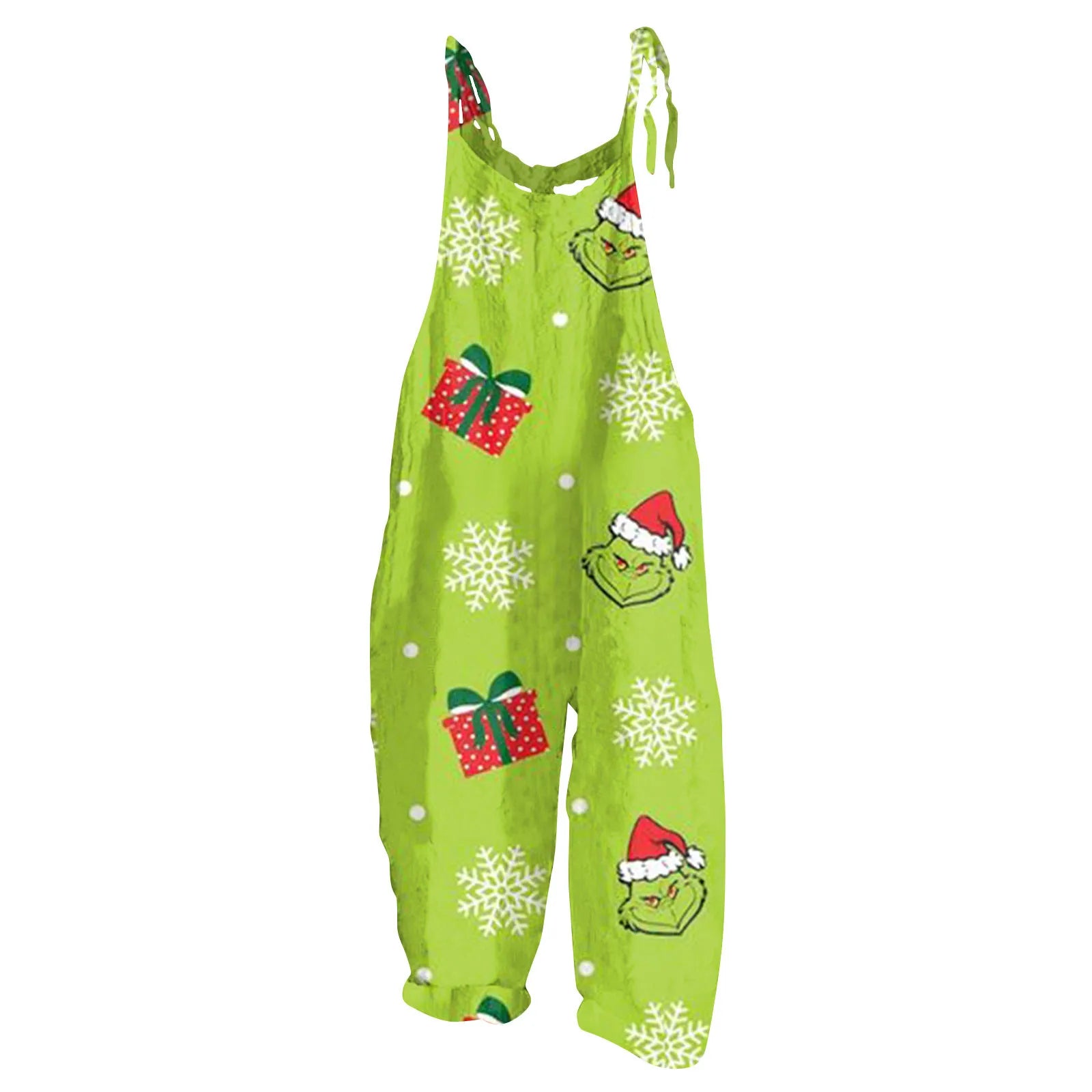 Kawaii Cartoon Print Casual Loose Vintage Strappy Jumpsuit Women's Fashion Festival Pants with Christmas Theme