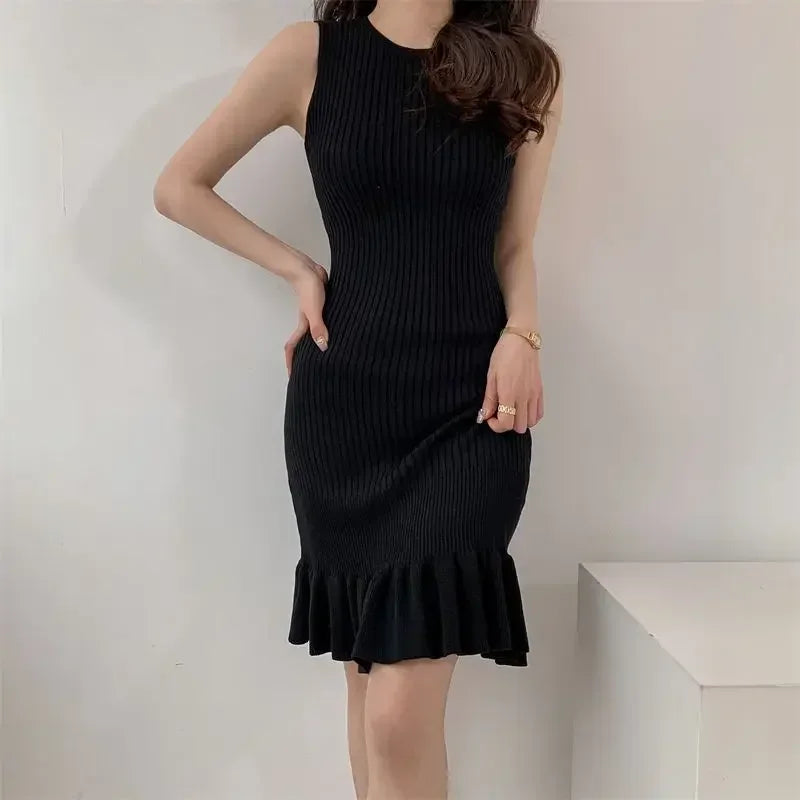 Slimming Knit Dress Sleeveless Fish Tail Leaf Design