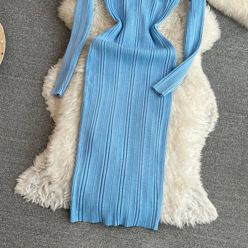 Long Sleeve Knitted Bodycon Dress For Women Autumn Retro