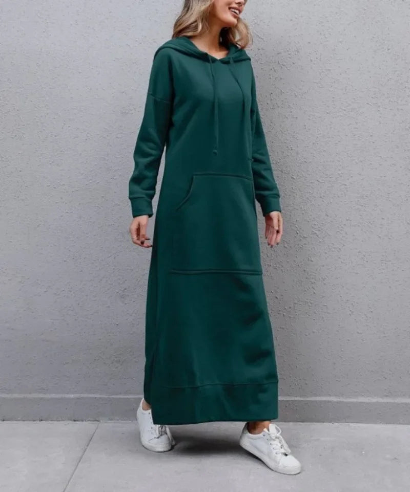 Cozy Knitted Hooded Long Dress With Large Pocket Women