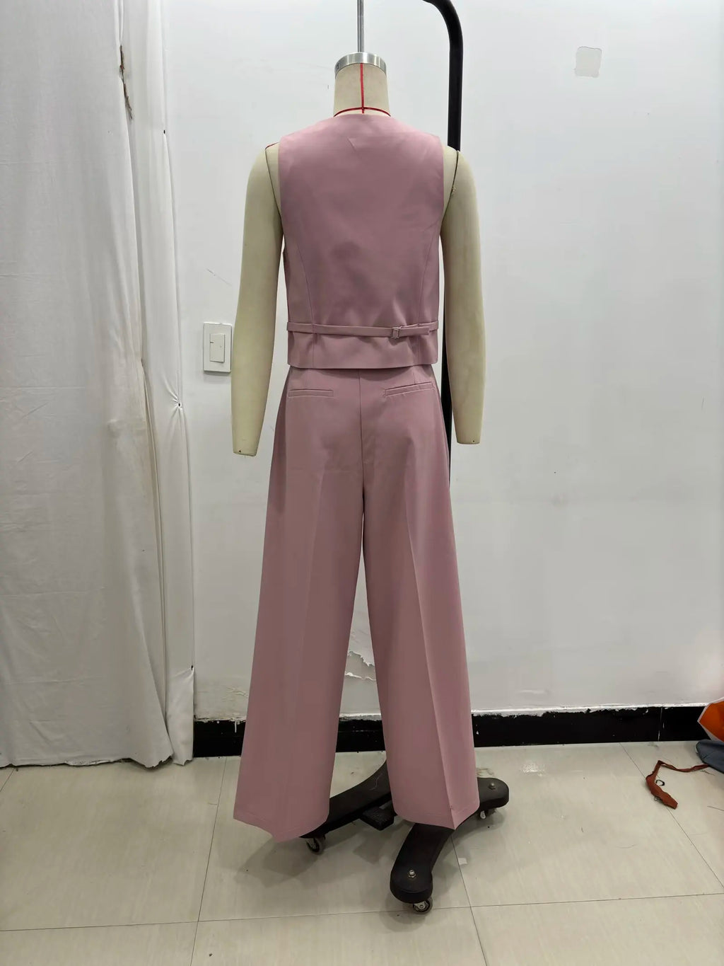 Solid Sleeveless V-Neck Vest and High Waist Zipper Loose Pants Set for Office and Casual Wear