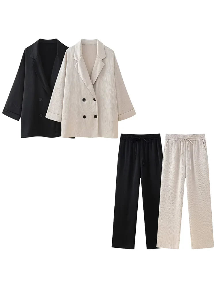 Chic Women's Two Piece Set with Solid Double Breasted Blazer and Vintage Elastic Waist Trousers for Effortless Style