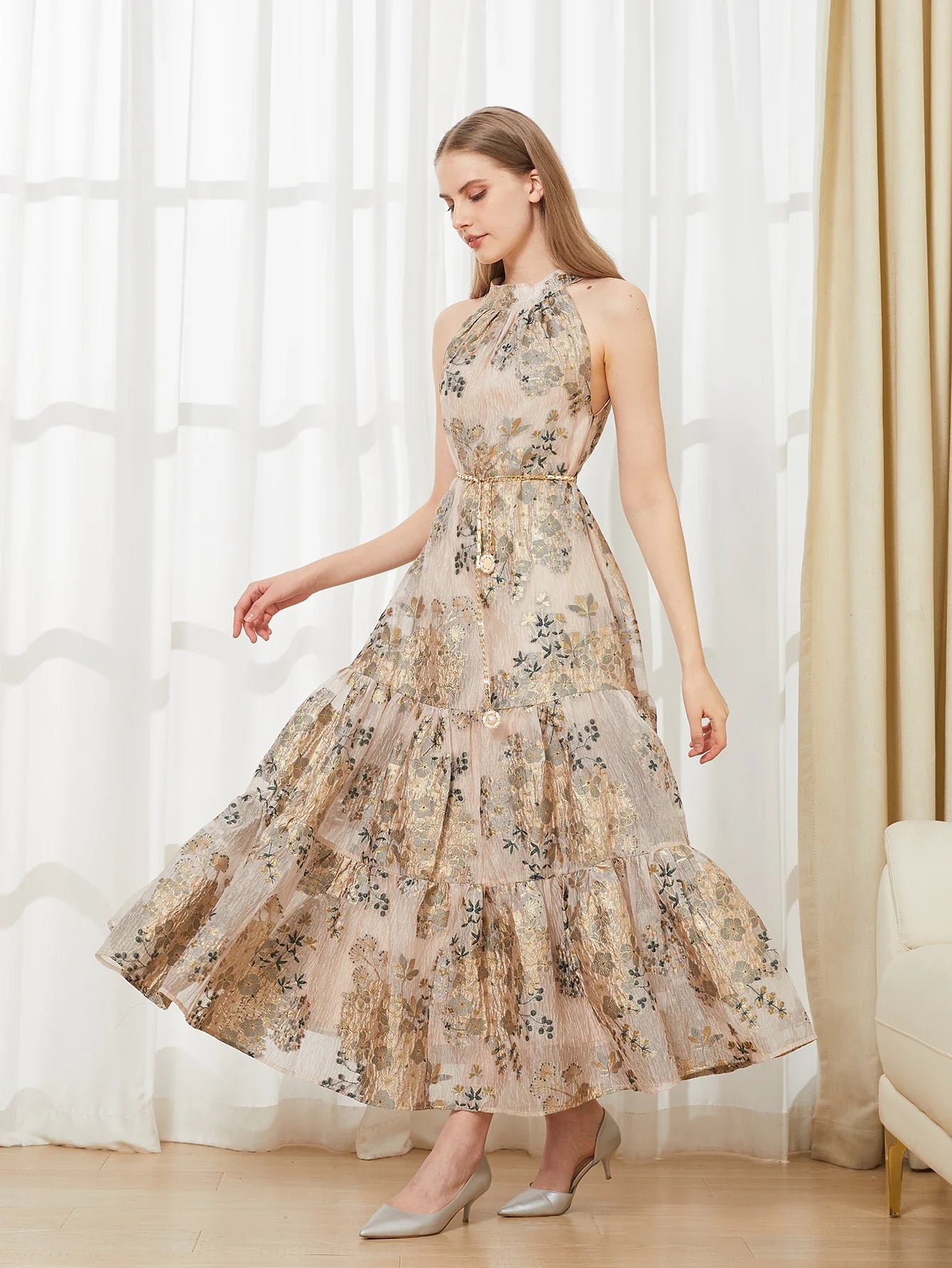 Embroidered Organza Backless Halter Dress For Summer Beach