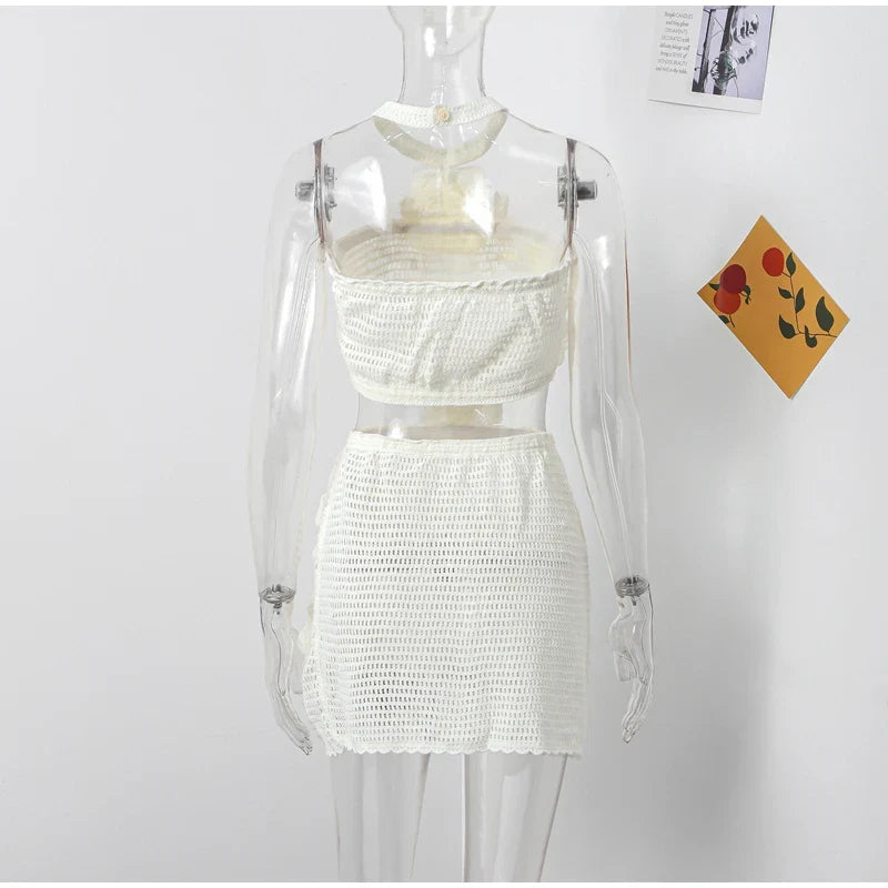 Beach Knit 3D Flower Mini Dress Backless Halter Sundress