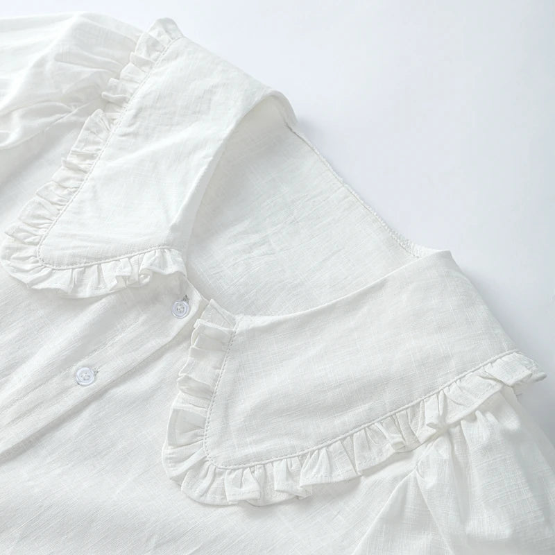 Women's Sweet Solid White Blouse with Front Bow Lace-Up Long Sleeves Elegant Casual Summer Top