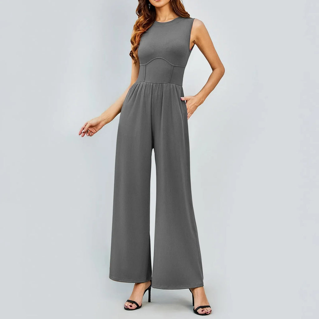 Women Sleeveless High Neck Ribbed Tank Top Jumpsuit Wide Leg Pants Romper with Tummy Control and High Waist Casual Summer Outfit