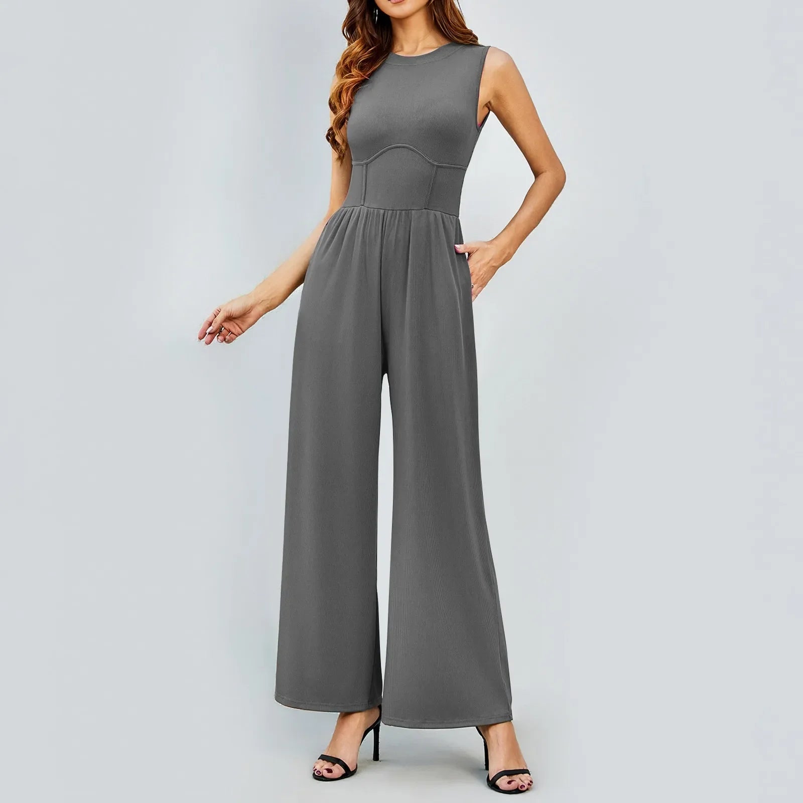 Women Sleeveless High Neck Ribbed Tank Top Jumpsuit Wide Leg Pants Romper with Tummy Control and High Waist Casual Summer Outfit