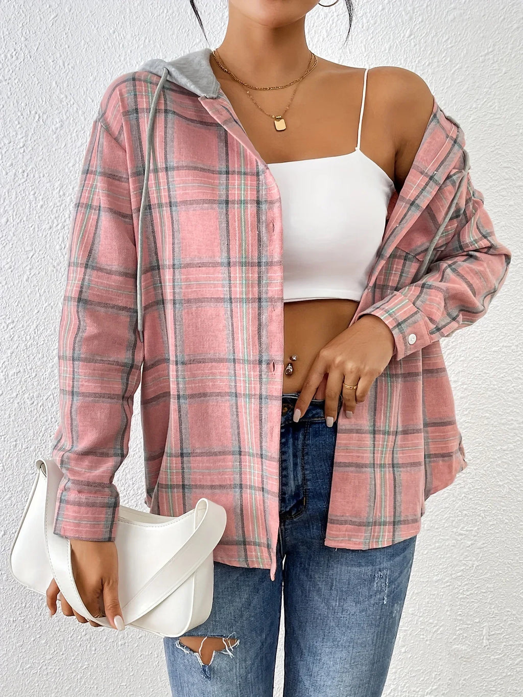 Women's Spring Autumn Hooded Plaid Shirt Loose Fit Casual Blouse Long Sleeve Office Top
