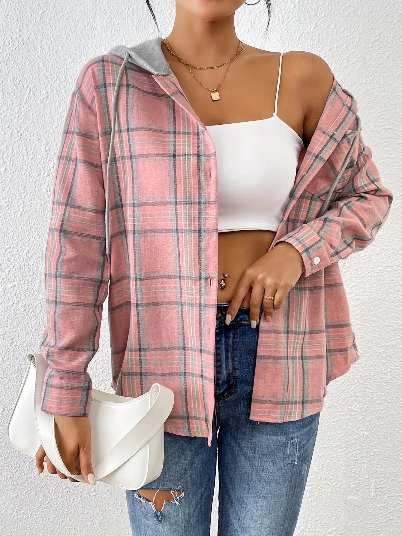 Women's Spring Autumn Hooded Plaid Shirt Loose Fit Casual Blouse Long Sleeve Office Top