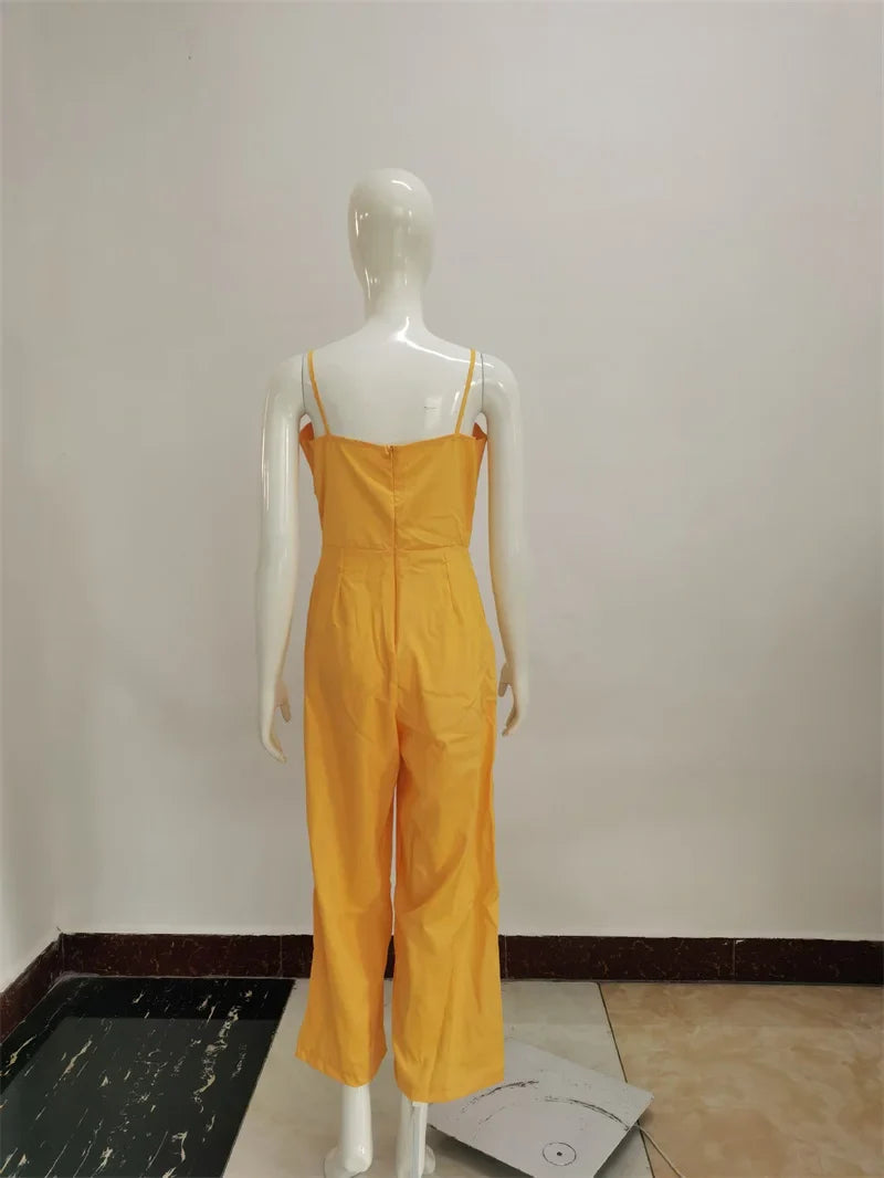 Women Sleeveless Bib Dungarees Jumpsuit Casual Loose Fit Solid Color Wide Leg Overalls with Spaghetti Straps for Autumn