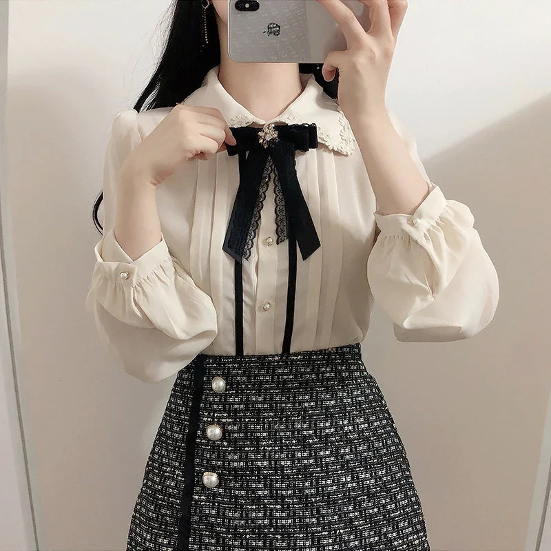 Elegant Vintage Button-Up Blouse for Women Cute Preppy Style Formal Work Shirt with Japanese Korean Inspired Design