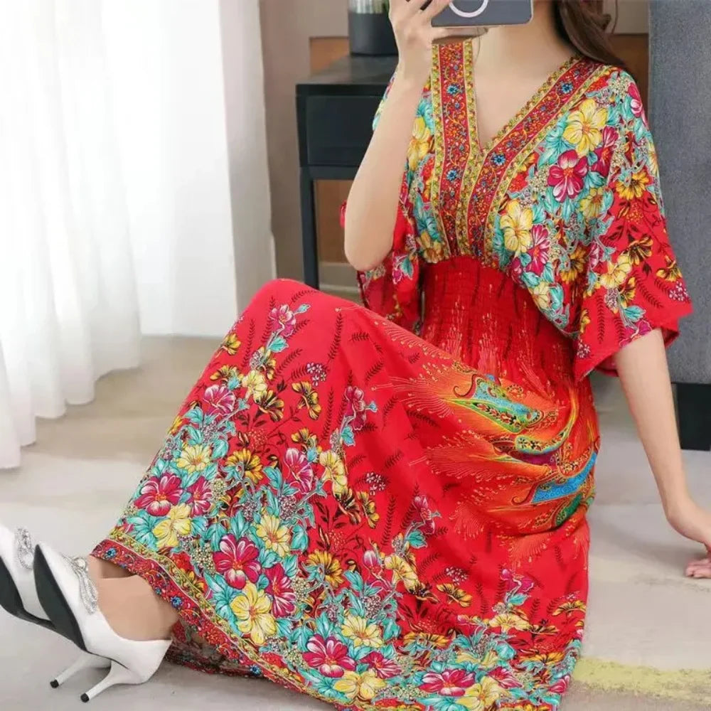Chic Womens V Neck Vintage Boho Print A Line Dress Style