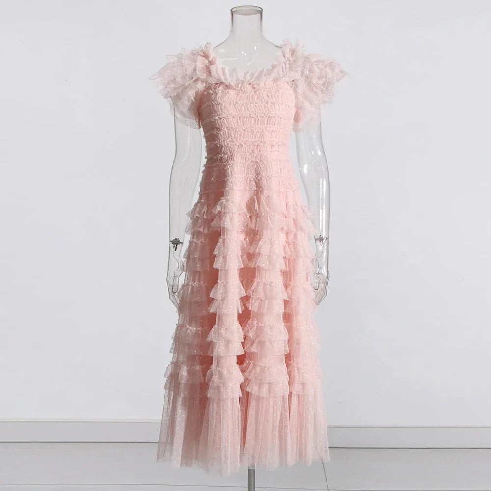 Patchwork Mesh Dress For Women High Waist Ruffled Casual