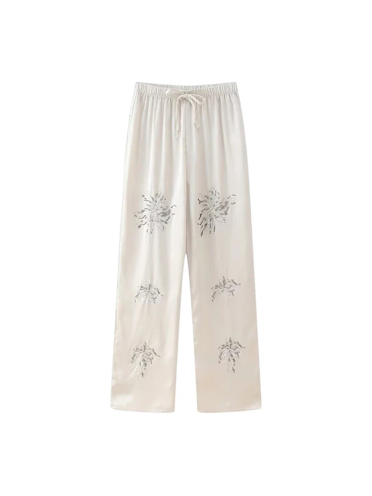 Women's Beaded Embroidery Long Sleeve Shirt and Loose Trousers Set with Lace Up Details