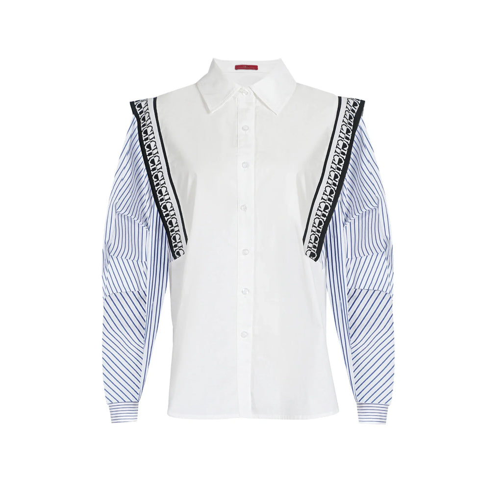 Women's Blue Striped Splicing Business Commuter Top with Stylish Bottom Shirt Design