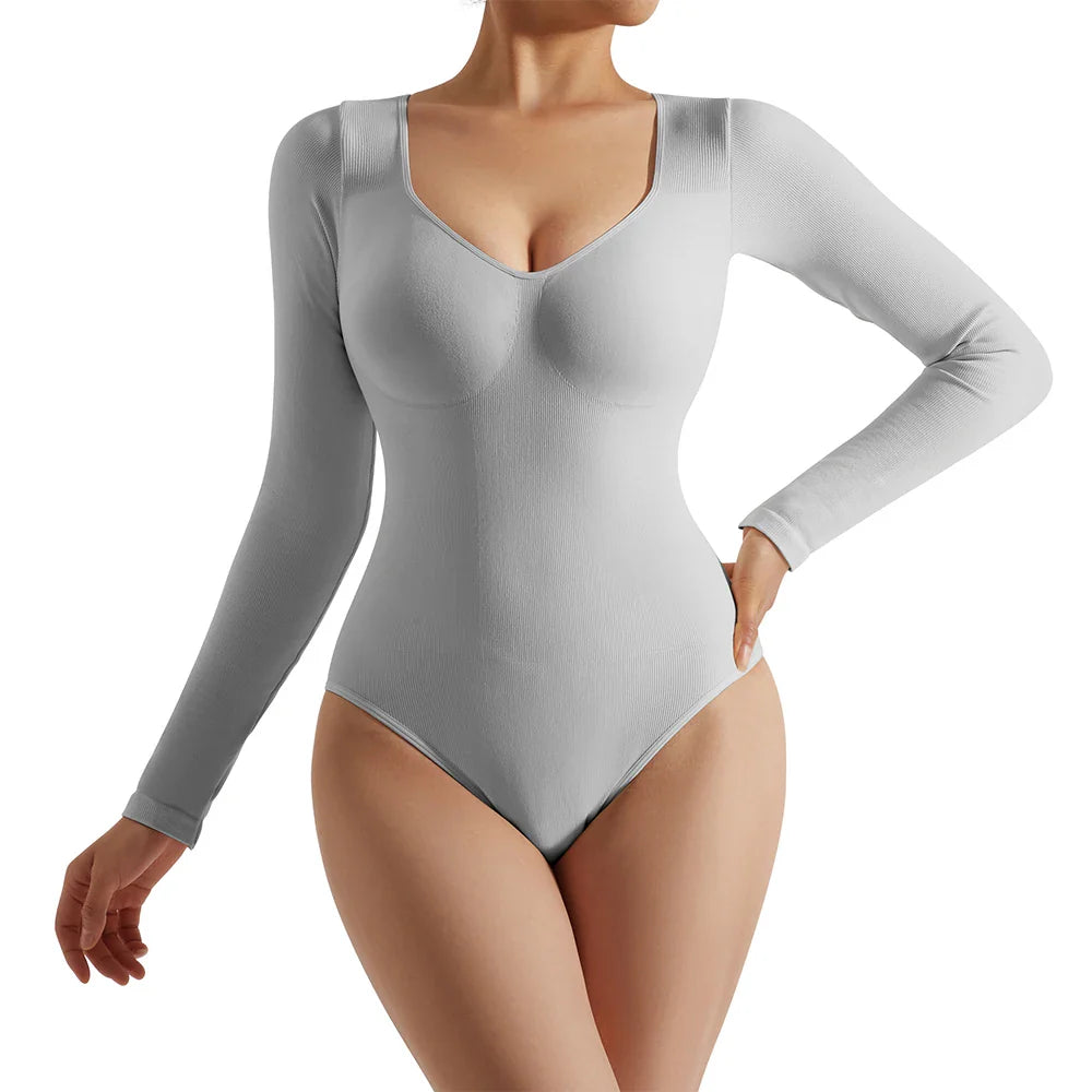 Sexy Long Sleeve Bodysuit for Women Skinny Bodycon V-Neck Push Up Romper Streetwear Jumpsuit