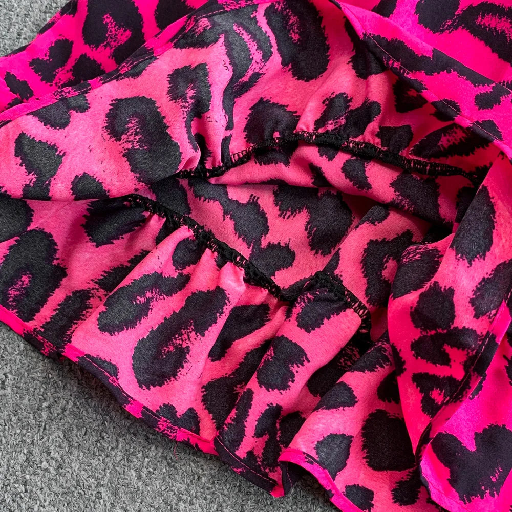 Women's Summer V-Neck Leopard Print Lace-Up Jumpsuit Short Sleeve Loose Fit Playsuit Overalls with Elegant Ruffle Detail